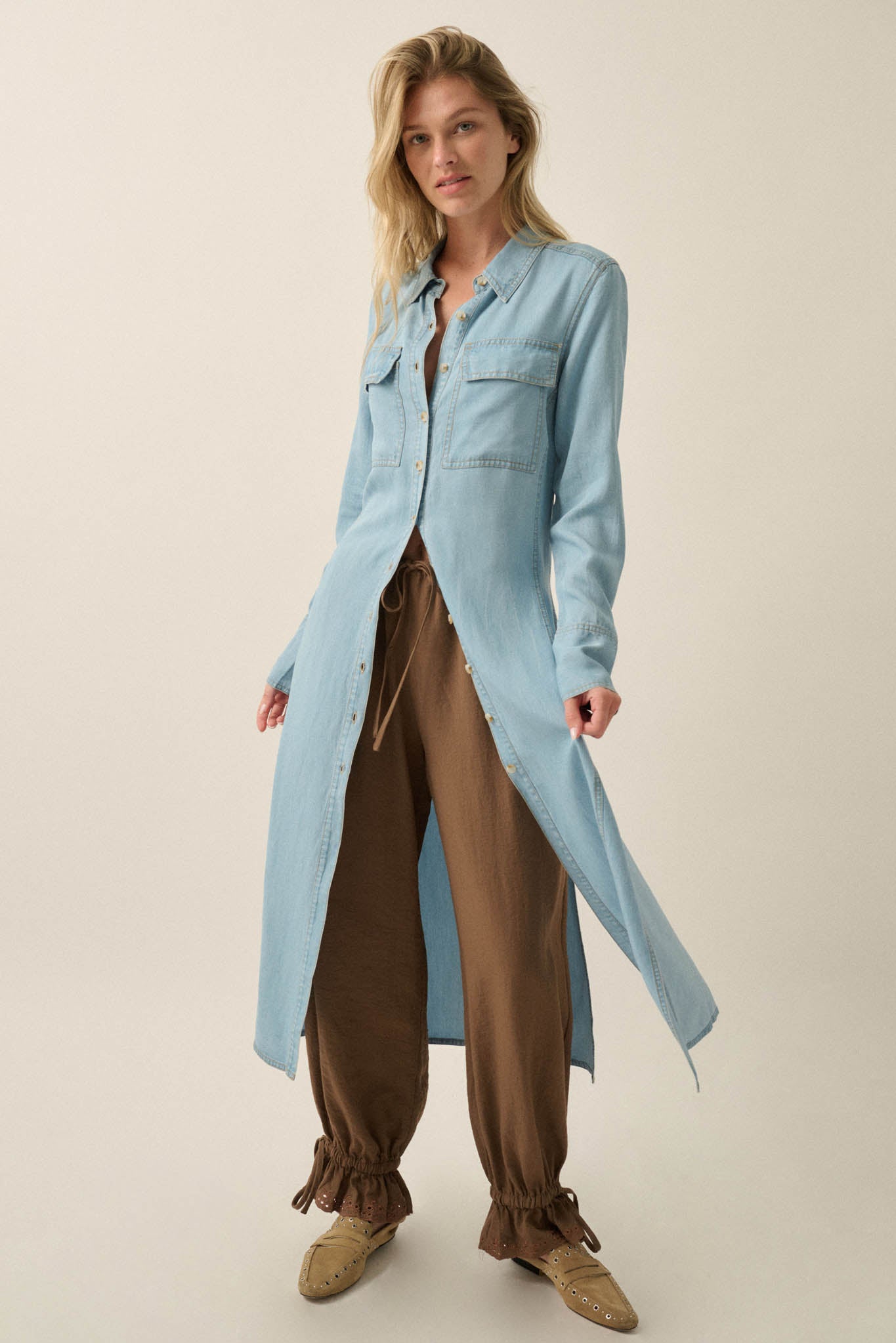 Out of the Blue Denim Button-Up Pocket Maxi Shirt - ShopPromesa