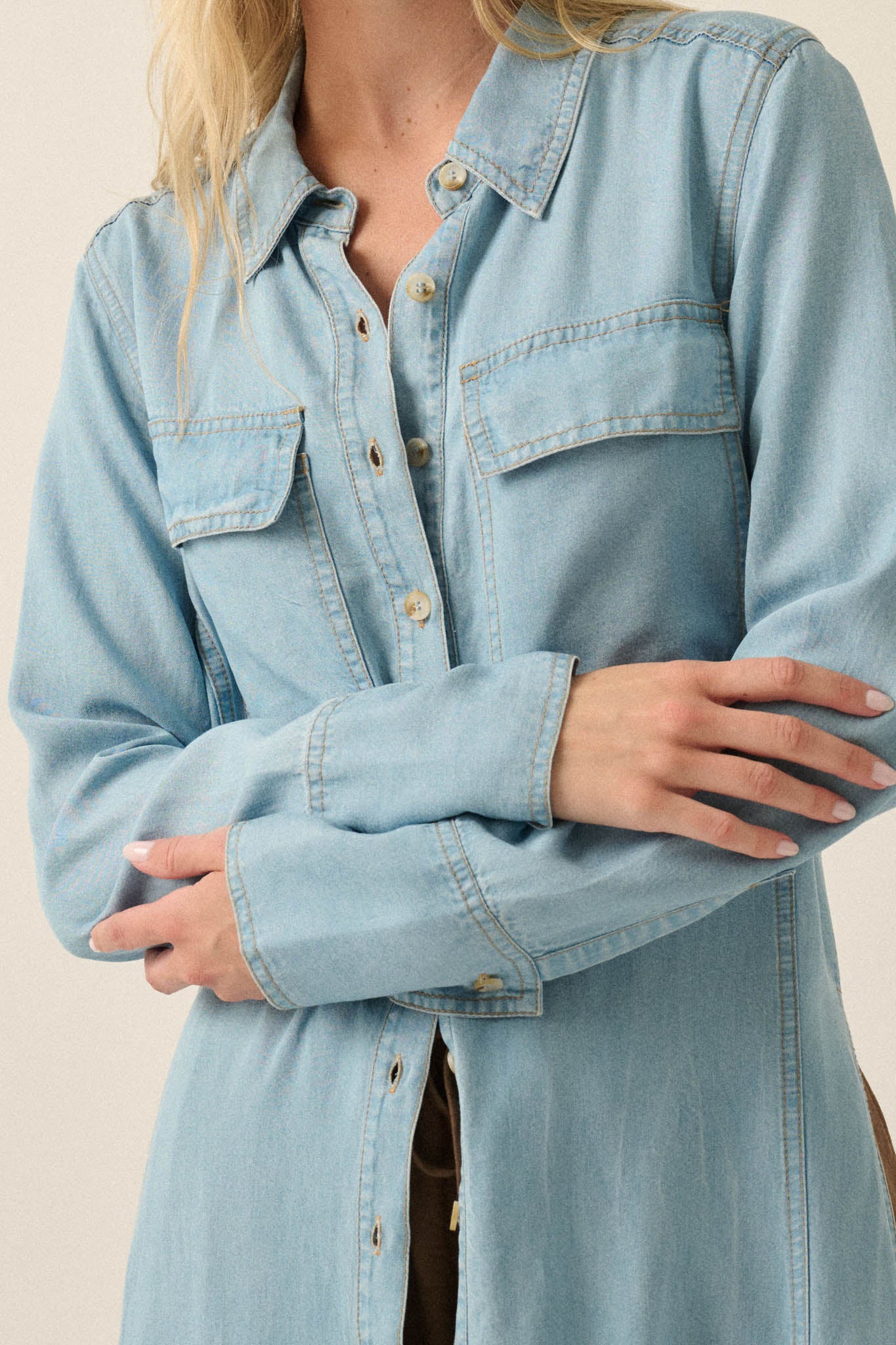 Out of the Blue Denim Button-Up Pocket Maxi Shirt - ShopPromesa
