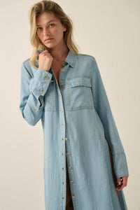 Out of the Blue Denim Button-Up Pocket Maxi Shirt - ShopPromesa