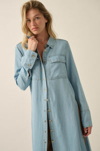 Out of the Blue Denim Button-Up Pocket Maxi Shirt - ShopPromesa