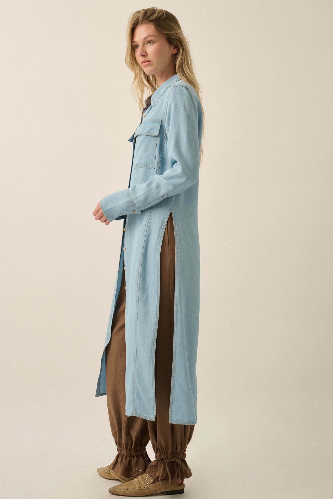 Out of the Blue Denim Button-Up Pocket Maxi Shirt - ShopPromesa