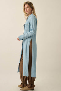 Out of the Blue Denim Button-Up Pocket Maxi Shirt - ShopPromesa