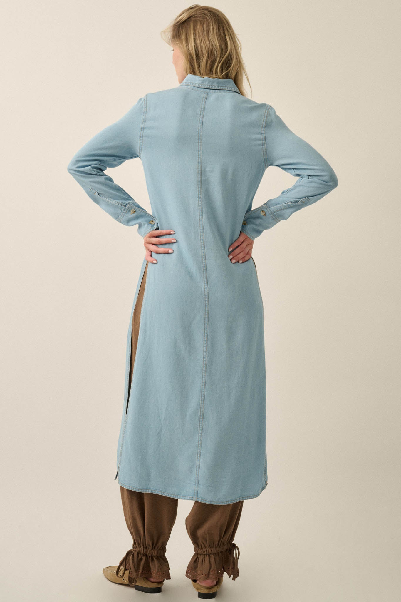 Out of the Blue Denim Button-Up Pocket Maxi Shirt - ShopPromesa