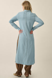 Out of the Blue Denim Button-Up Pocket Maxi Shirt - ShopPromesa