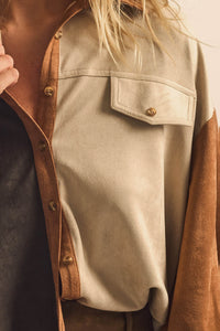 Triple Take Vegan Suede Colorblock Button-Up Shirt - ShopPromesa