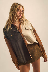 Triple Take Vegan Suede Colorblock Button-Up Shirt - ShopPromesa