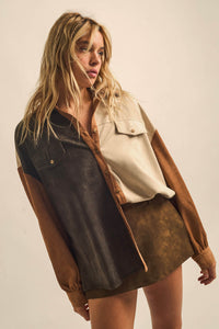 Triple Take Vegan Suede Colorblock Button-Up Shirt - ShopPromesa