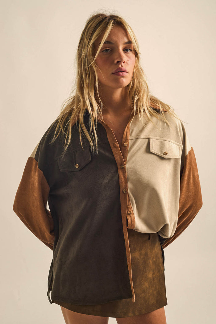 Triple Take Vegan Suede Colorblock Button-Up Shirt - ShopPromesa
