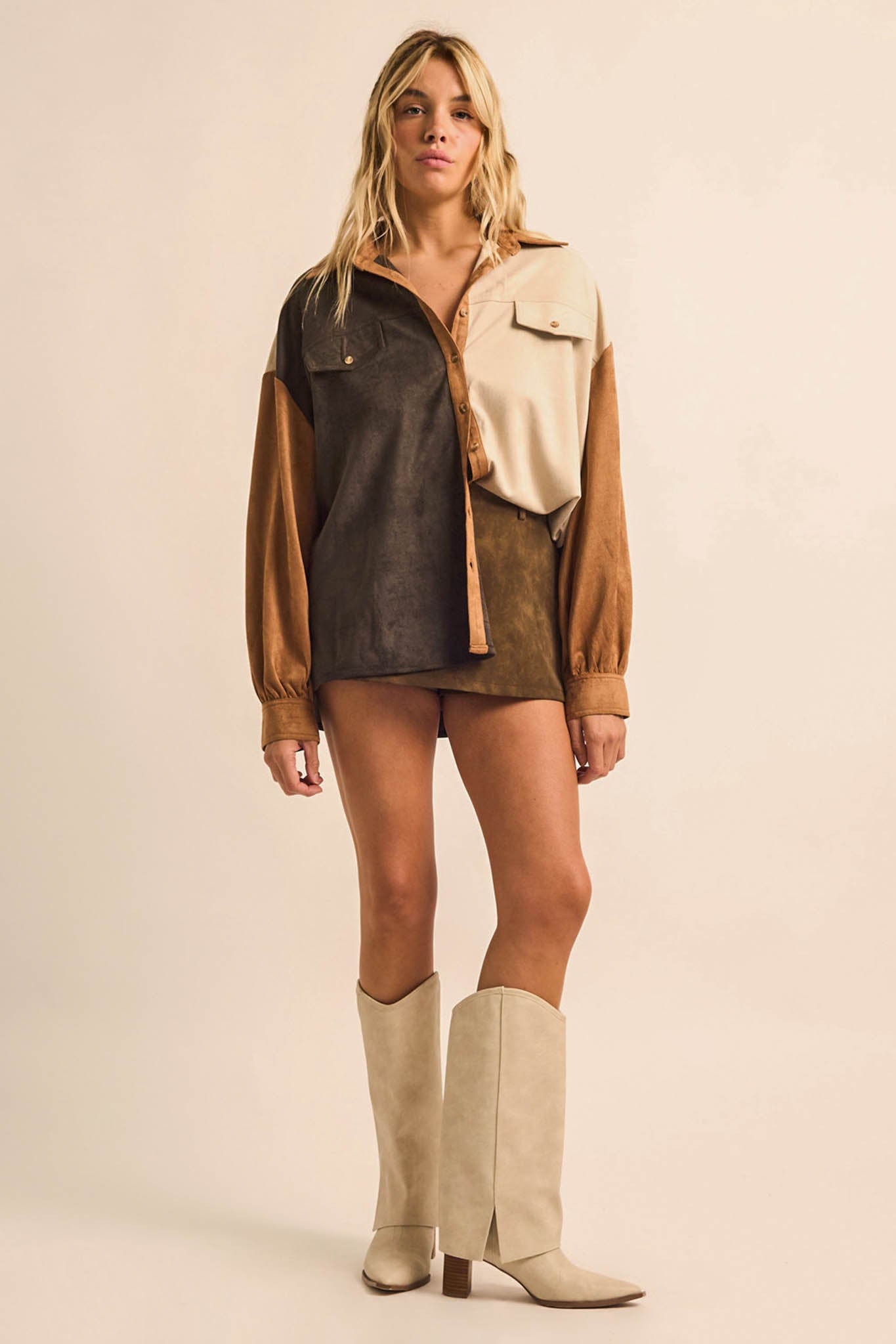 Triple Take Vegan Suede Colorblock Button-Up Shirt - ShopPromesa