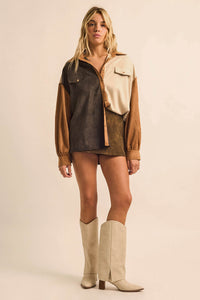 Triple Take Vegan Suede Colorblock Button-Up Shirt - ShopPromesa