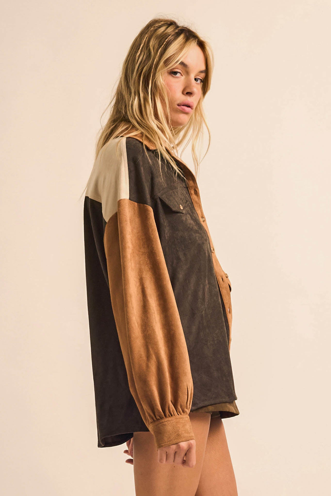 Triple Take Vegan Suede Colorblock Button-Up Shirt - ShopPromesa
