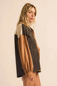 Triple Take Vegan Suede Colorblock Button-Up Shirt - ShopPromesa
