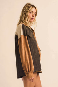 Triple Take Vegan Suede Colorblock Button-Up Shirt - ShopPromesa