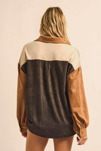 Triple Take Vegan Suede Colorblock Button-Up Shirt - ShopPromesa