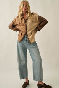 Triple Take Vegan Suede Colorblock Button-Up Shirt - ShopPromesa