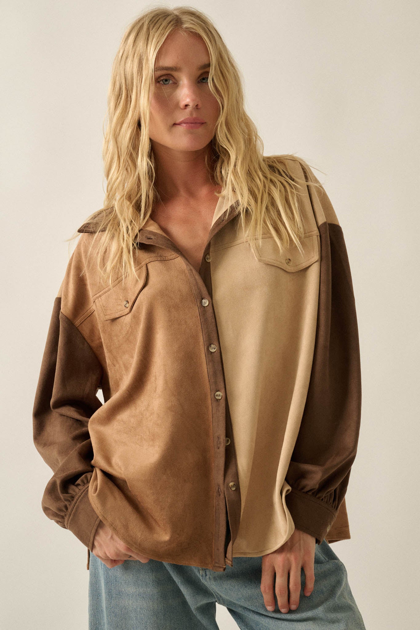 Triple Take Vegan Suede Colorblock Button-Up Shirt - ShopPromesa