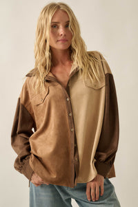 Triple Take Vegan Suede Colorblock Button-Up Shirt - ShopPromesa