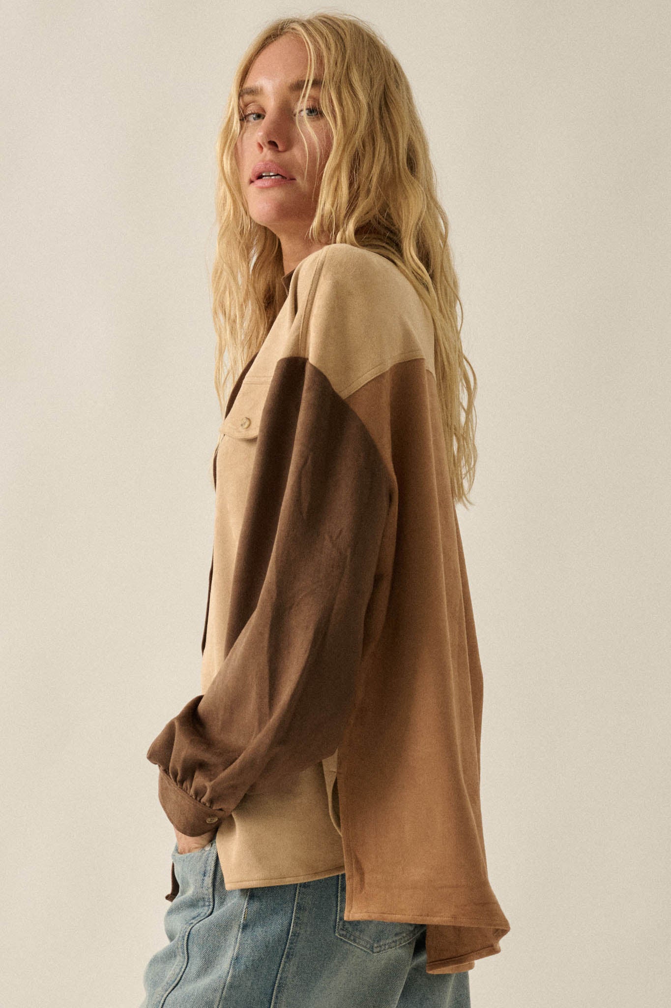 Triple Take Vegan Suede Colorblock Button-Up Shirt - ShopPromesa
