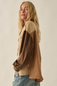 Triple Take Vegan Suede Colorblock Button-Up Shirt - ShopPromesa