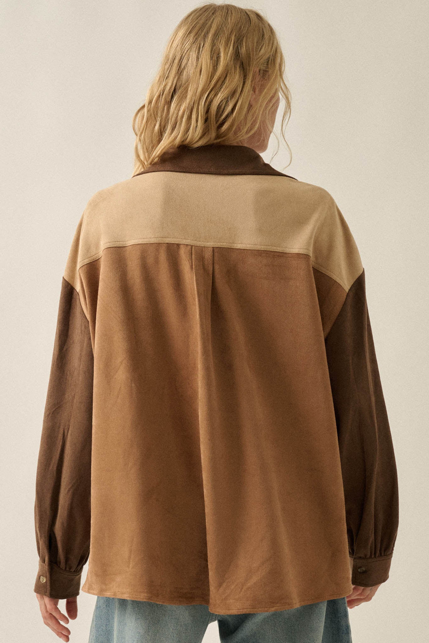 Triple Take Vegan Suede Colorblock Button-Up Shirt - ShopPromesa