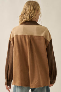 Triple Take Vegan Suede Colorblock Button-Up Shirt - ShopPromesa