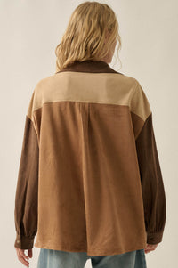 Triple Take Vegan Suede Colorblock Button-Up Shirt - ShopPromesa