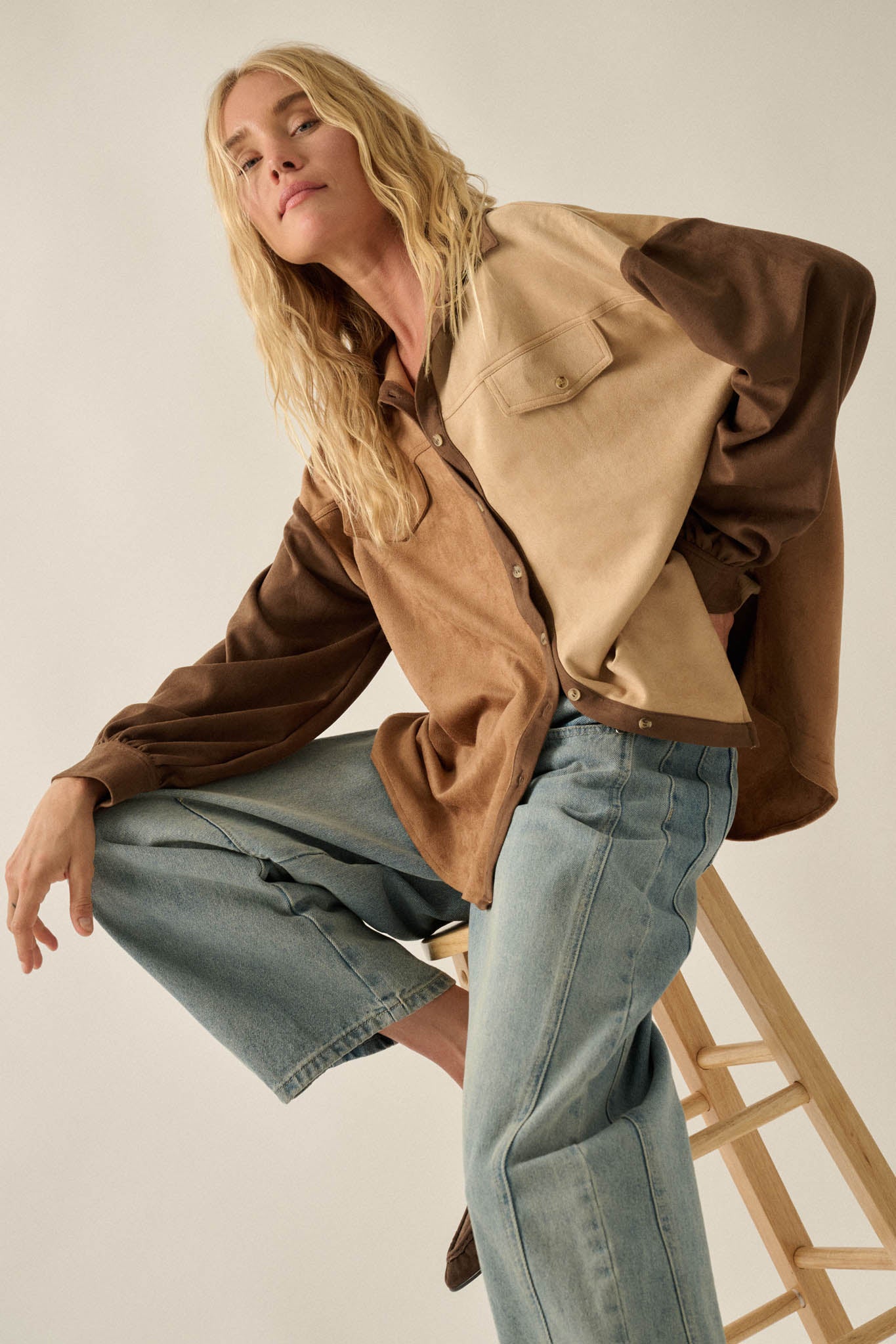 Triple Take Vegan Suede Colorblock Button-Up Shirt - ShopPromesa