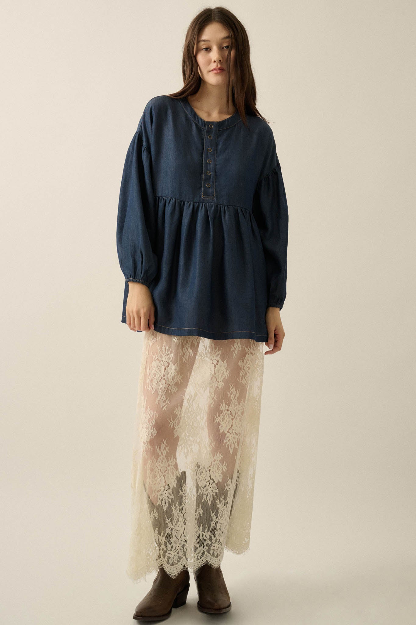 Baby Blues Denim Half-Button Babydoll Peasant Top - ShopPromesa
