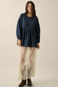 Baby Blues Denim Half-Button Babydoll Peasant Top - ShopPromesa