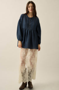 Baby Blues Denim Half-Button Babydoll Peasant Top - ShopPromesa
