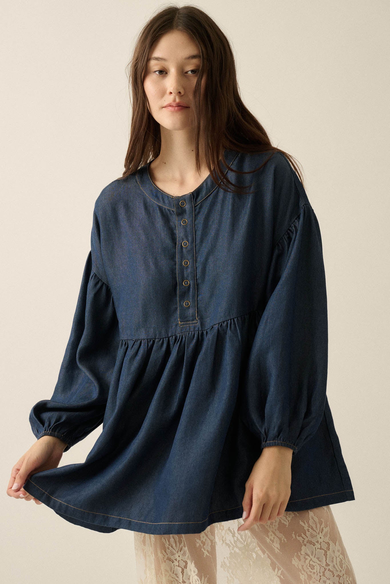 Baby Blues Denim Half-Button Babydoll Peasant Top - ShopPromesa