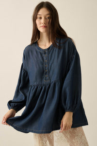 Baby Blues Denim Half-Button Babydoll Peasant Top - ShopPromesa