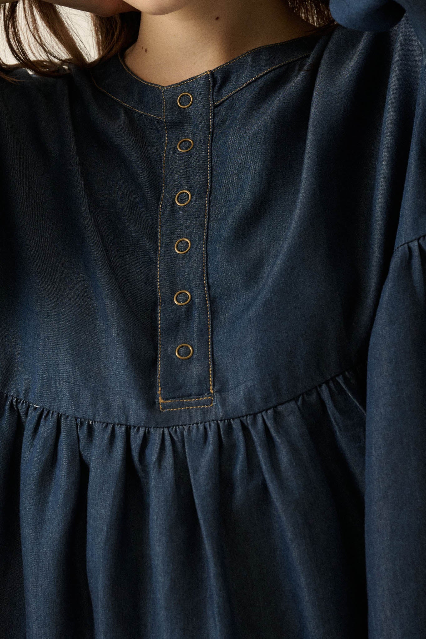 Baby Blues Denim Half-Button Babydoll Peasant Top - ShopPromesa