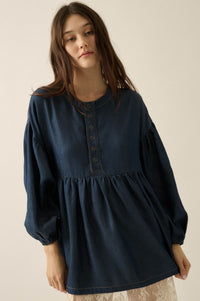Baby Blues Denim Half-Button Babydoll Peasant Top - ShopPromesa
