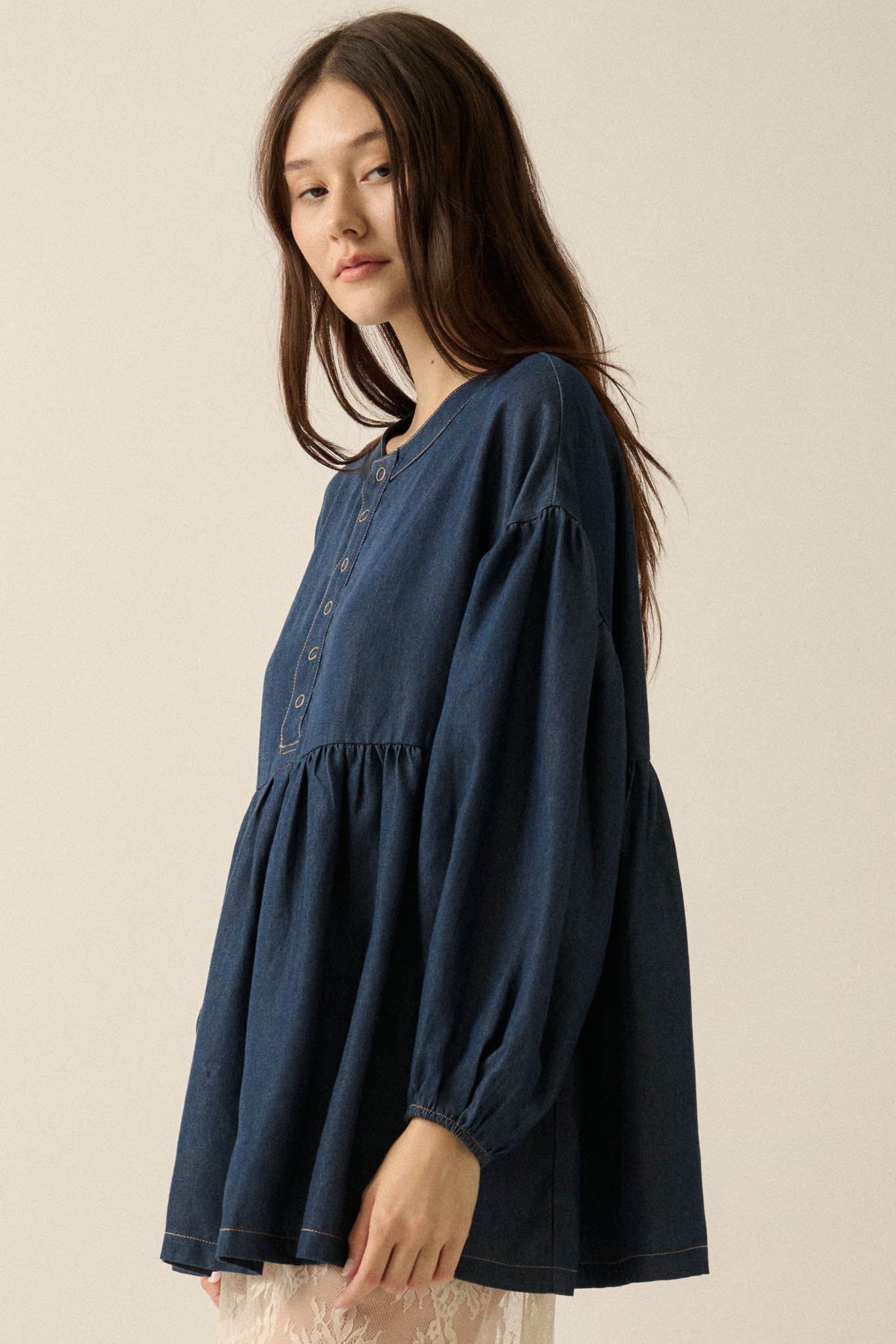 Baby Blues Denim Half-Button Babydoll Peasant Top - ShopPromesa