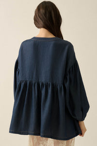 Baby Blues Denim Half-Button Babydoll Peasant Top - ShopPromesa