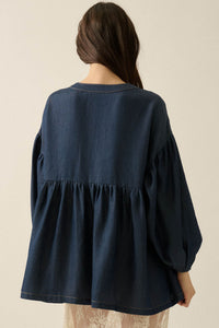 Baby Blues Denim Half-Button Babydoll Peasant Top - ShopPromesa