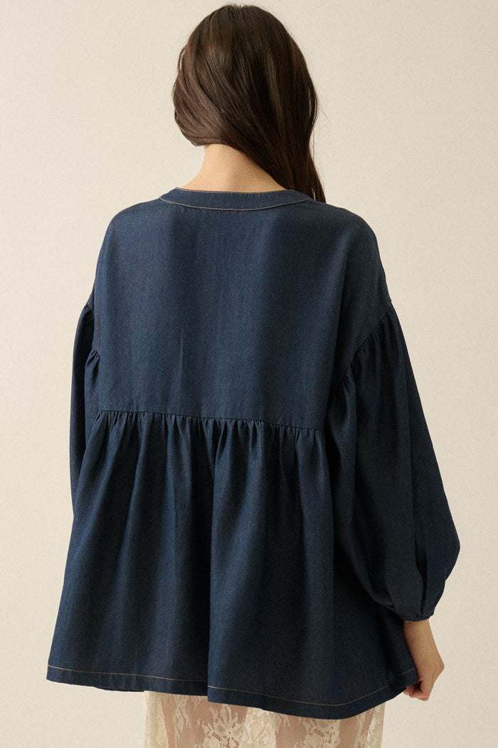 Baby Blues Denim Half-Button Babydoll Peasant Top - ShopPromesa