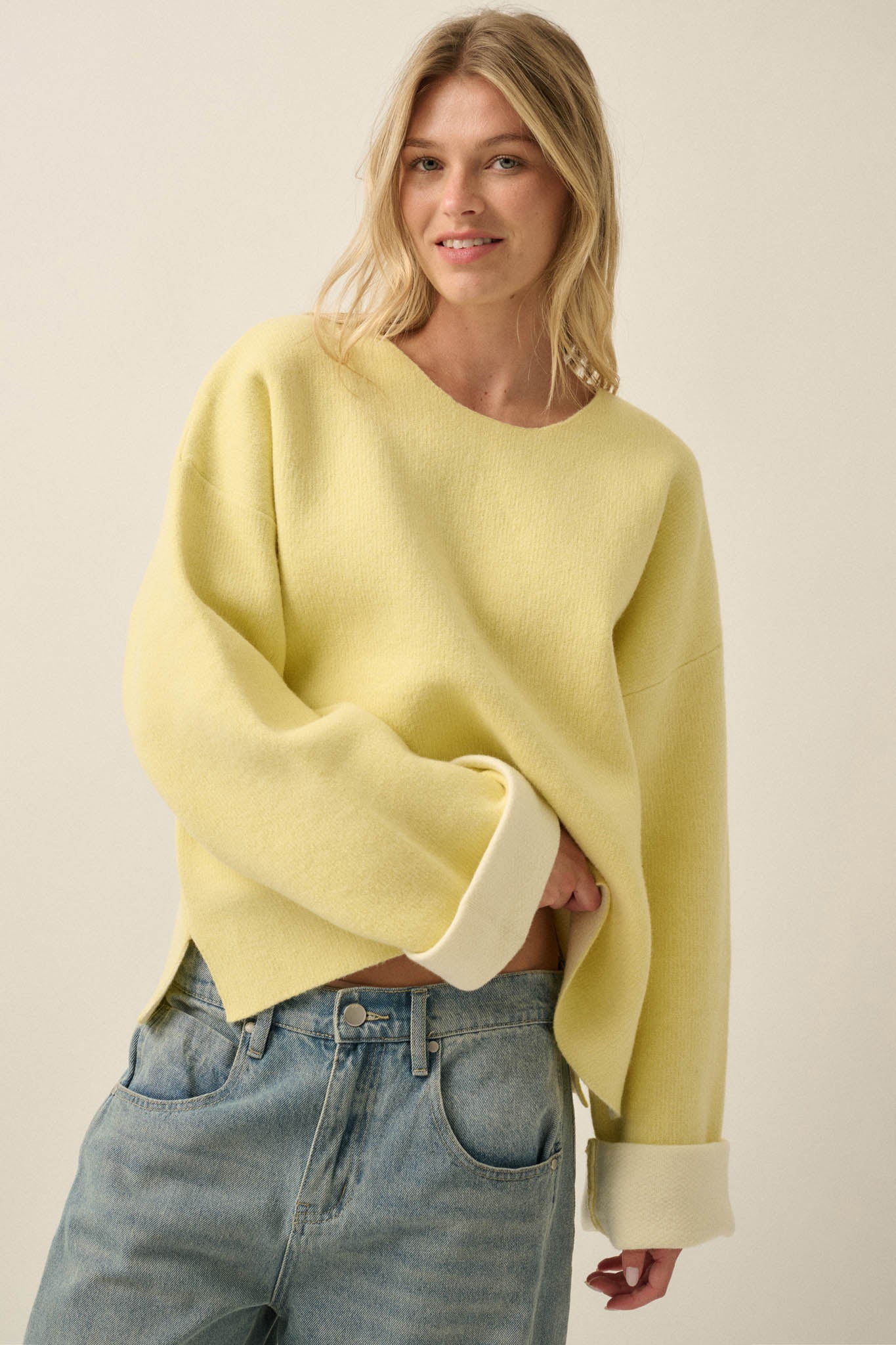 Change Your Mind Solid Knit Contrast-Cuff Sweater - ShopPromesa