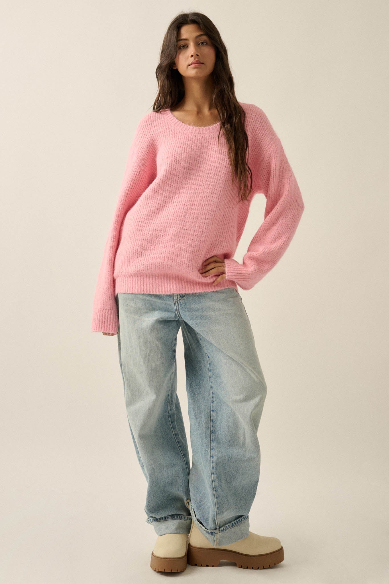 Up to You Fuzzy Ribbed Knit Drop-Shoulder Sweater - ShopPromesa