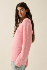 Up to You Fuzzy Ribbed Knit Drop-Shoulder Sweater - ShopPromesa