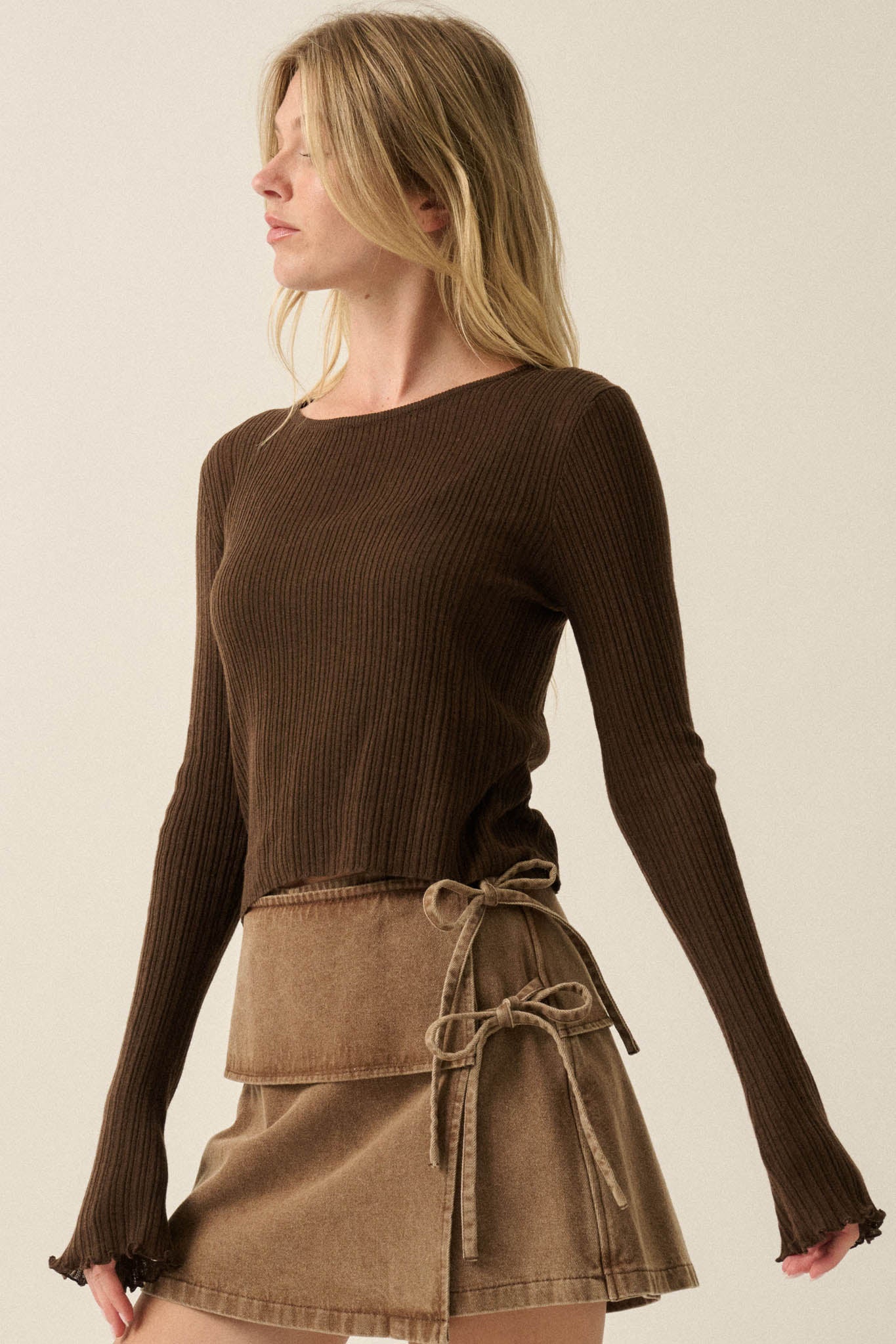 All You Need Rib-Knit Layered Cropped Bell-Sleeve Top - ShopPromesa