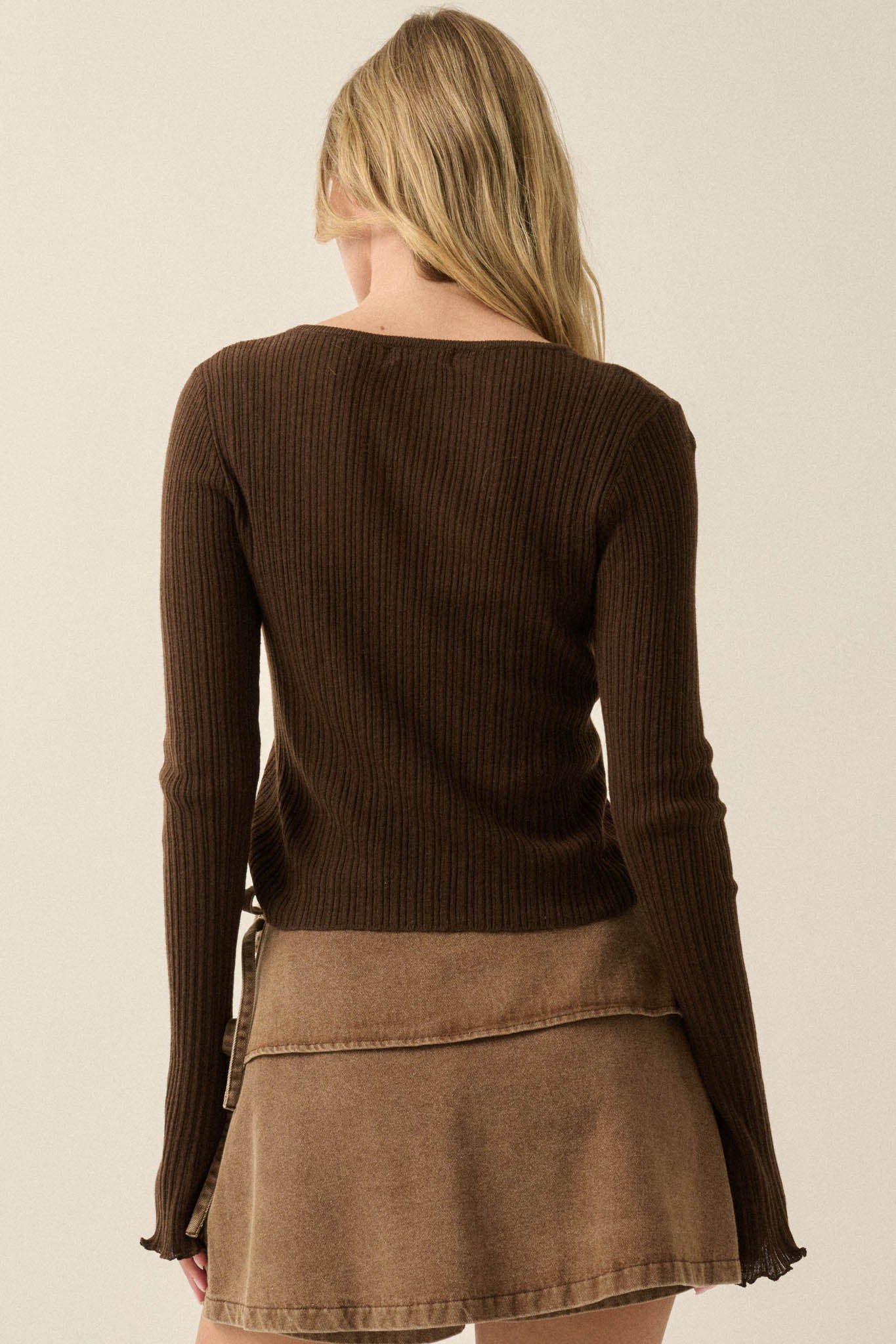All You Need Rib-Knit Layered Cropped Bell-Sleeve Top - ShopPromesa