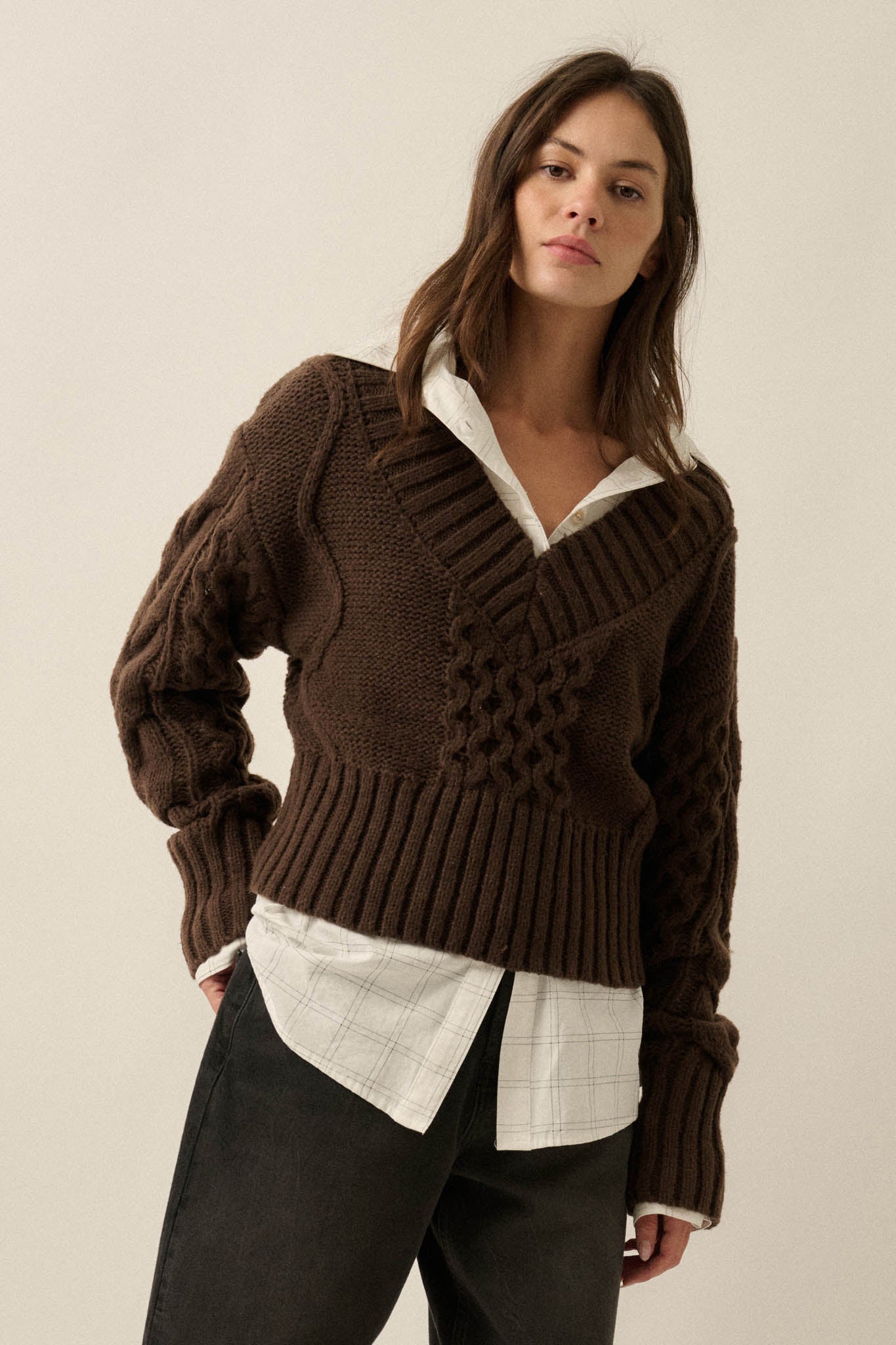 True to Form Cable-Knit Cropped V-Neck Sweater - ShopPromesa