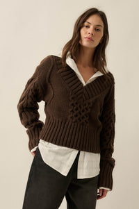 True to Form Cable-Knit Cropped V-Neck Sweater - ShopPromesa