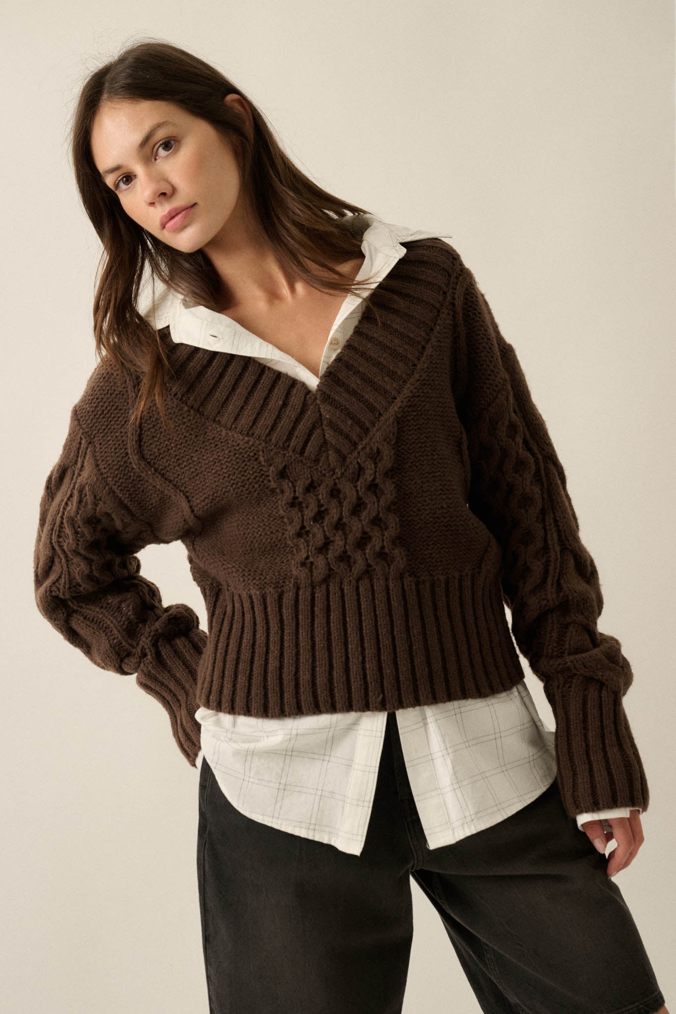 True to Form Cable-Knit Cropped V-Neck Sweater - ShopPromesa