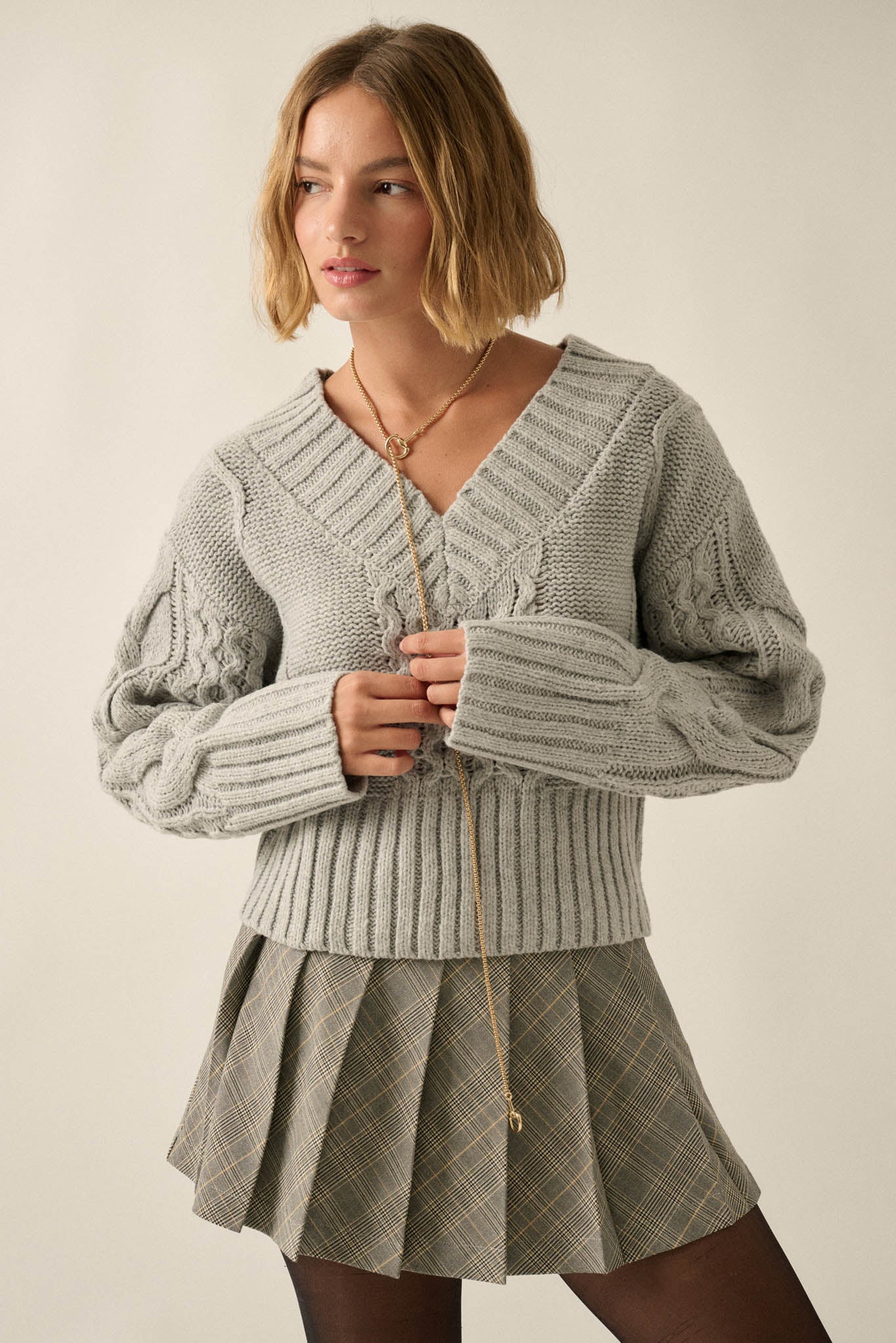 True to Form Cable-Knit Cropped V-Neck Sweater - ShopPromesa