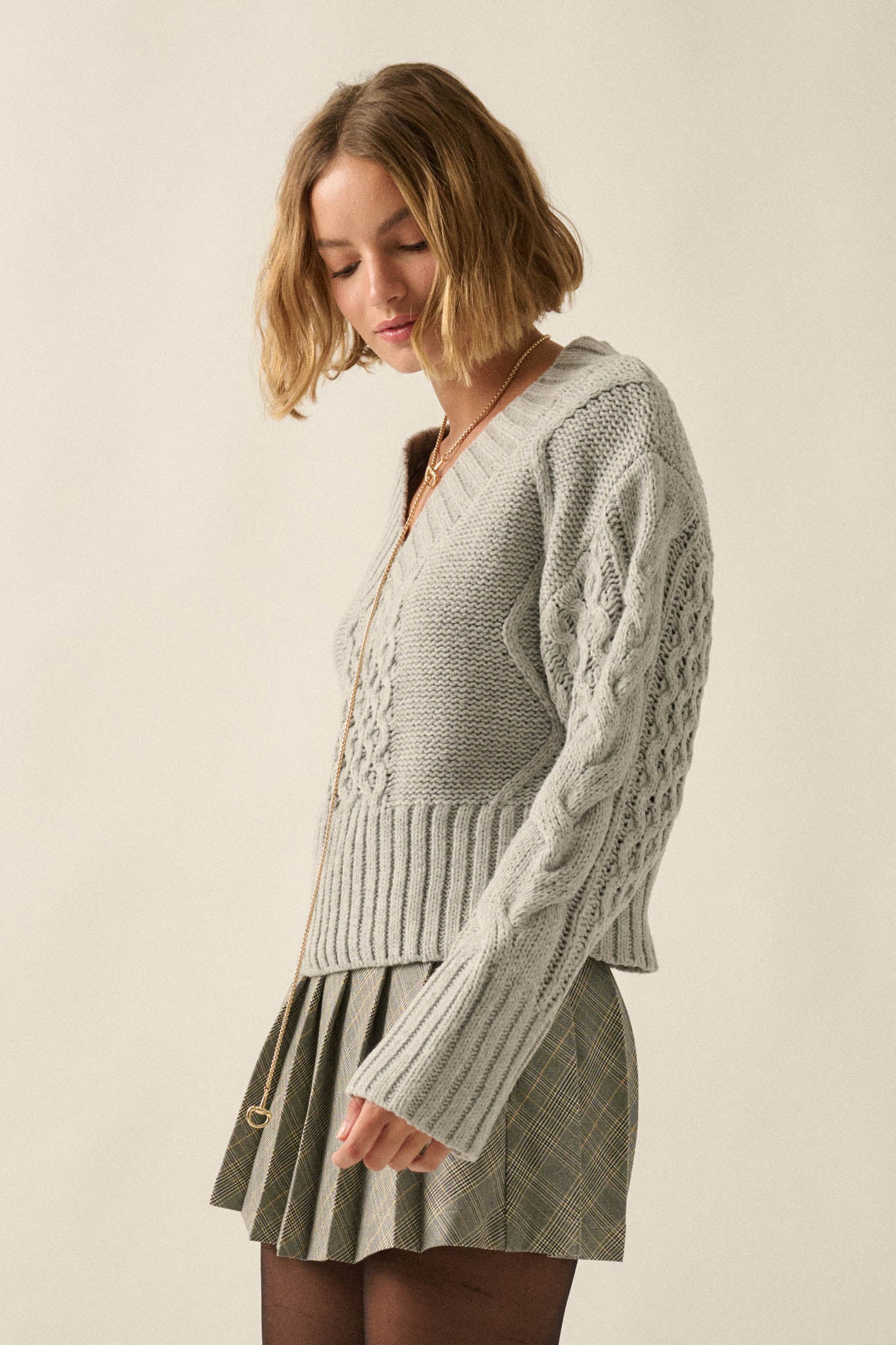 True to Form Cable-Knit Cropped V-Neck Sweater - ShopPromesa