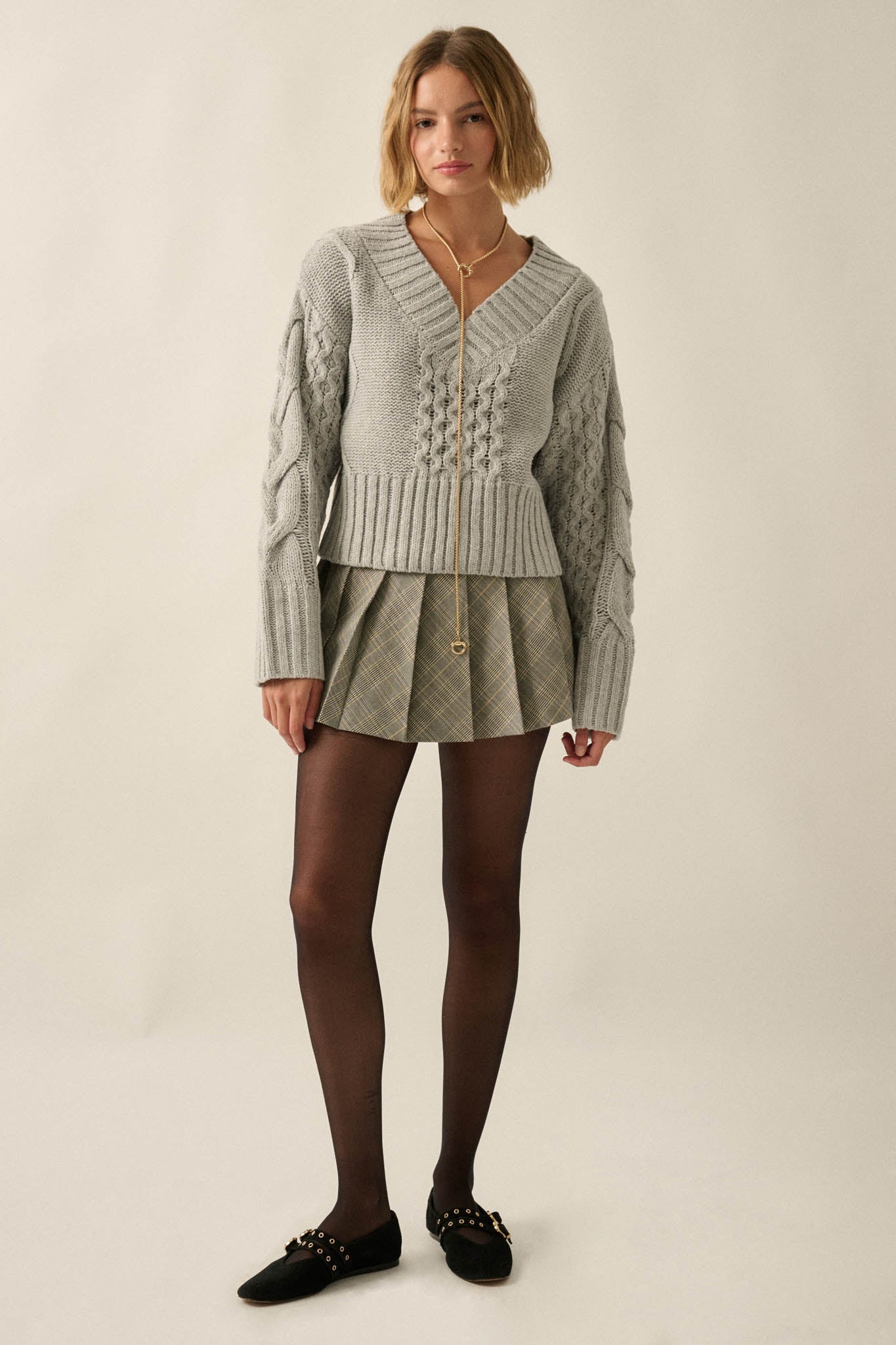 True to Form Cable-Knit Cropped V-Neck Sweater - ShopPromesa