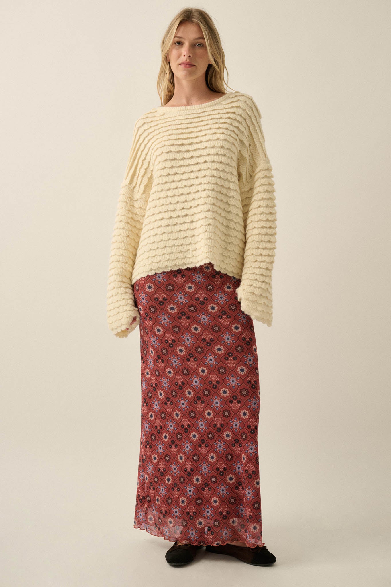 Slow Days Scalloped Ribbed Knit Wide-Sleeve Sweater - ShopPromesa